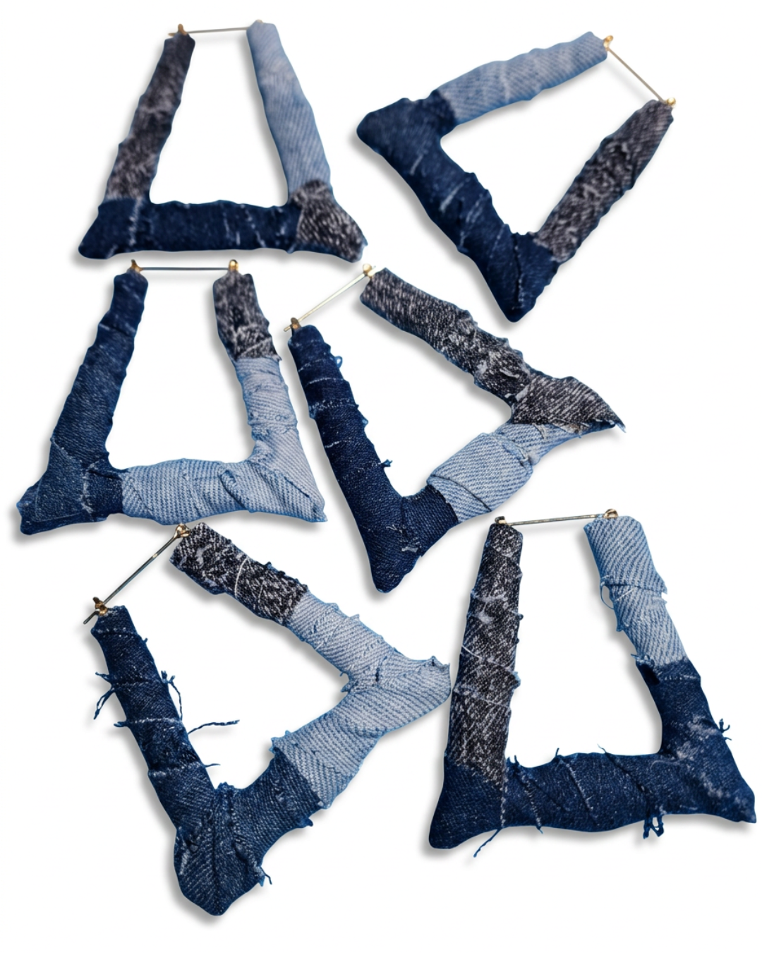 Raw Edge Frayed Denim Geometric Bamboo-Style Hoops